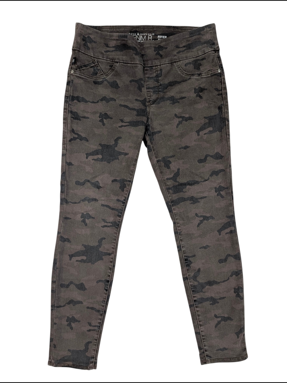 Rock & Republic Women's 14R Brown Black Camo Skinny Jeans Pull On Stretch Denim